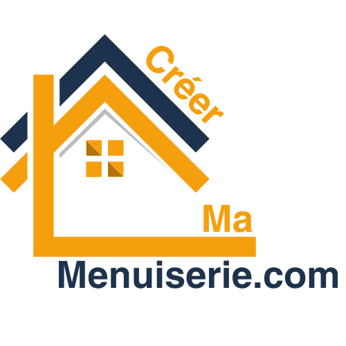 L'image représente un logo pourCréer Ma Menuiserie.com". Le design du logo intègre une maison stylisée avec un toit en plusieurs couches, utilisant des couleurs orange et bleu foncé. Le texte "Créer" et "Ma" est en orange, tandis que "Menuiserie.com" est en bleu foncé. L'ensemble du logo évoque le domaine de la menuiserie et de la construction, suggérant un service ou une plateforme liée à la création et à la personnalisation de menuiseries.
