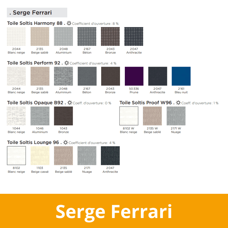les différentes toiles pour screen-zip de la marque Serge Ferrari