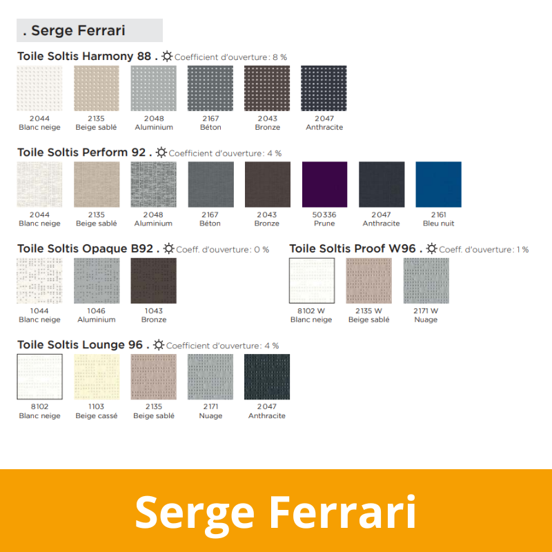 les différentes toiles pour screen-zip de la marque Serge Ferrari 