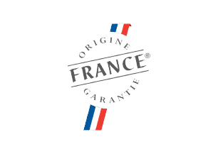 The image contains a stamp-like design with the wordFRANCE" prominently displayed in the center. Surrounding the word are the phrases "ORIGIN" and "GUARANTEED," indicating authenticity or origin verification. Additionally, the design includes two small French flags, reinforcing the connection to France. The overall aesthetic suggests a certification or branding mark for products or items originating from France.