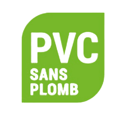 The image shows a green label with the text **PVC SANS PLOMB"**, which is French for **"Lead-Free PVC"**. 
This label indicates that the PVC (polyvinyl chloride) material used in a product does not contain lead, making it safer for health and the environment. Lead-free PVC is commonly used in applications such as plumbing, construction, and packaging to reduce toxic exposure.